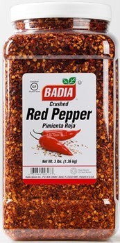Bodega Badia Crushed Red Pepper Spice, 3 lb container with coarse-cracked dried chiles and seeds.