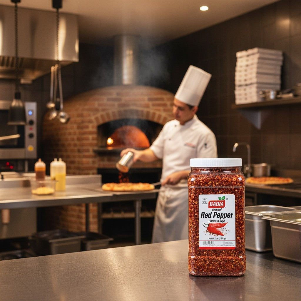 Bodega Badia Crushed Red Pepper Spice in a 3 lb container, coarse-cracked dried chiles with seeds.