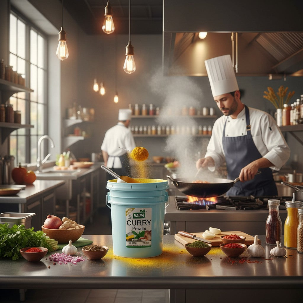 Bodega Badia Curry Powder in a 20 lb tub, a balanced turmeric-forward blend with coriander, cumin, fenugreek, and chiles.