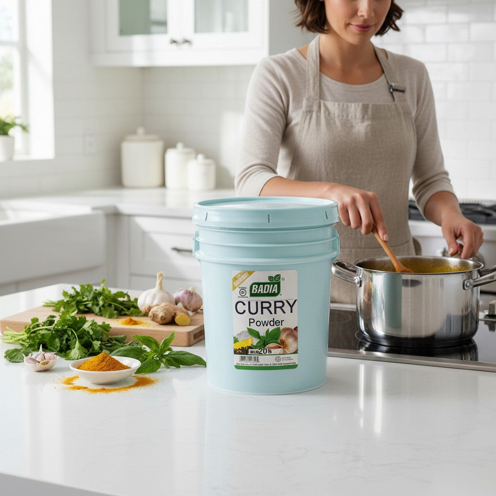 Bodega Badia Curry Powder in a 20 lb bucket, a balanced turmeric-forward blend with coriander, cumin, fenugreek, and chiles.