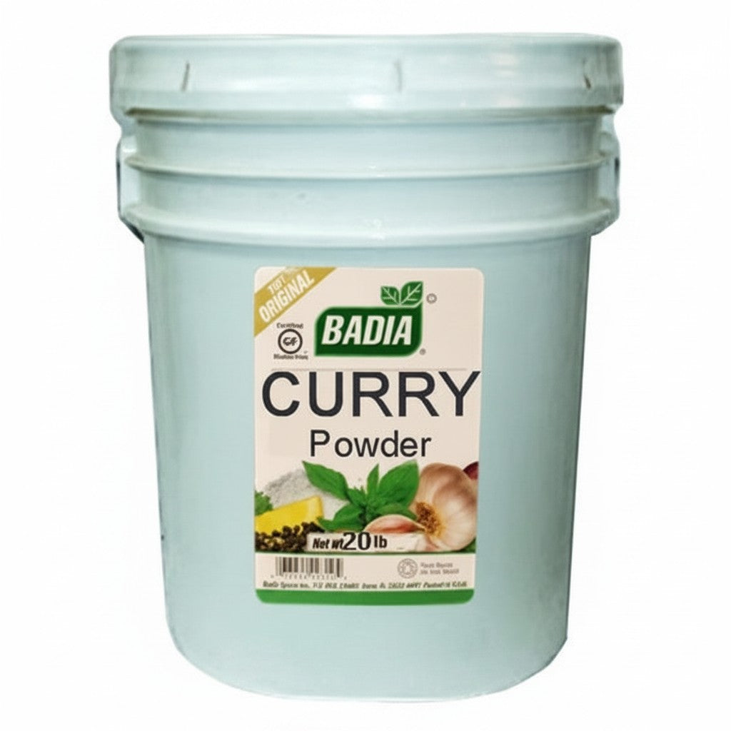 Bodega Badia Curry Powder in a 20 lb bucket, a blend of turmeric, coriander, cumin, fenugreek, and chiles.