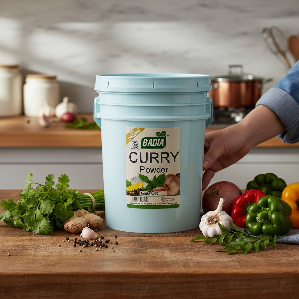 Bodega Badia Curry Powder in a 20 lb tub, a balanced turmeric-forward blend with coriander, cumin, fenugreek, and chiles.