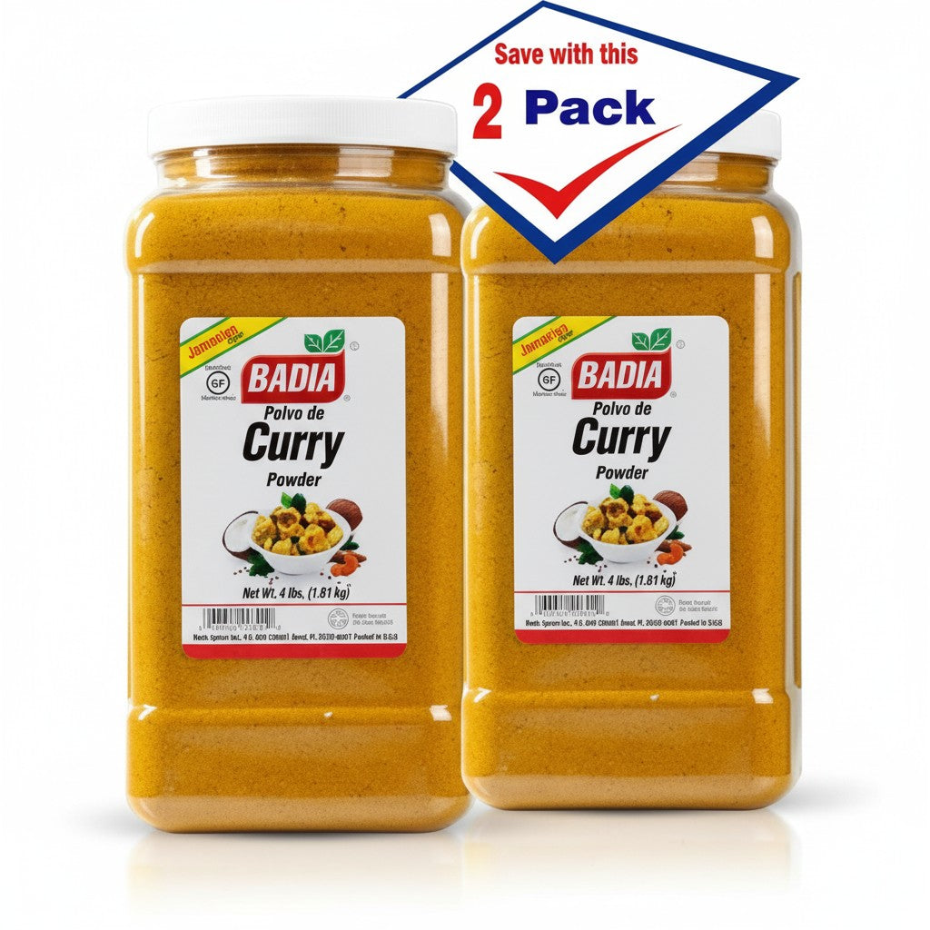 Bodega Badia Curry Powder, 4 lb twin pack. Yellow spice blend with turmeric, coriander, cumin, fenugreek, ginger, and chili.