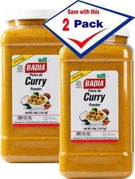 Bodega Badia Curry Powder, 4 lb twin pack. Yellow spice blend with turmeric, coriander, cumin, fenugreek, ginger, and chili.