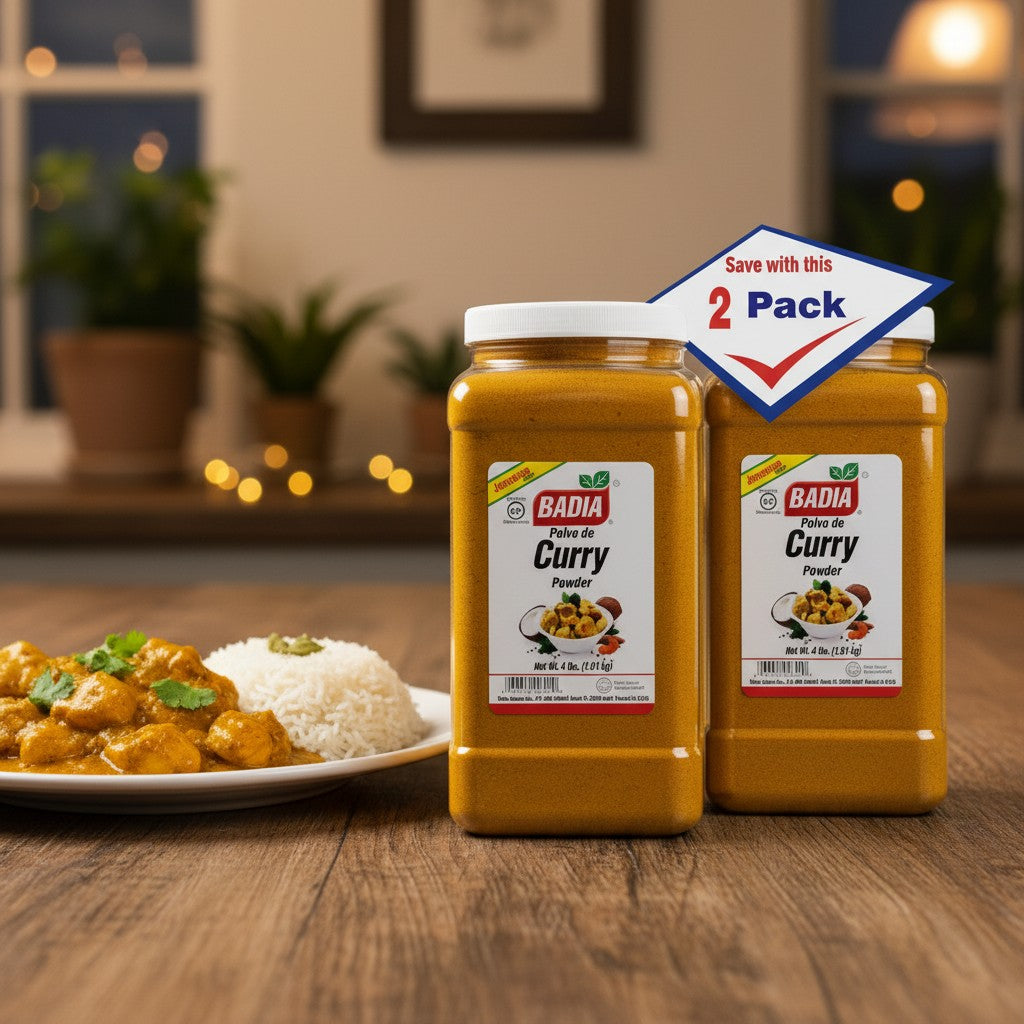 Bodega Badia Curry Powder, 4 lb twin-pack, a vibrant yellow spice blend with turmeric, coriander, cumin, and ginger.