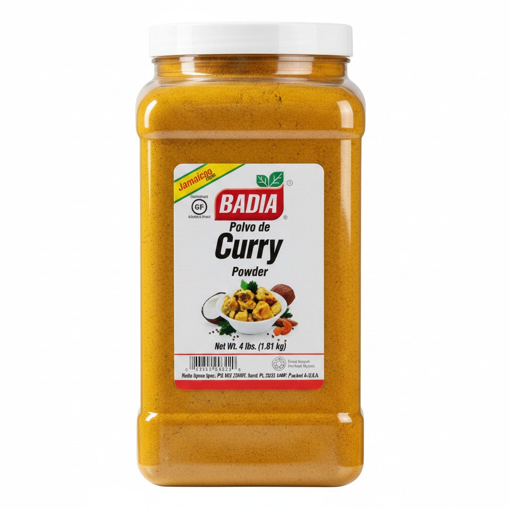 Bodega Badia Curry Powder, 4 lb jar with a deep yellow color, essential for Indian, Jamaican, and Trinidadian cooking.