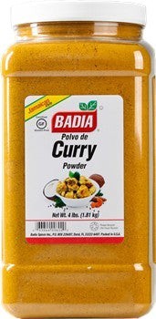 Bodega Badia Curry Powder, 4 lb jar with a deep yellow color, essential for Indian, Jamaican, and Trinidadian cooking.