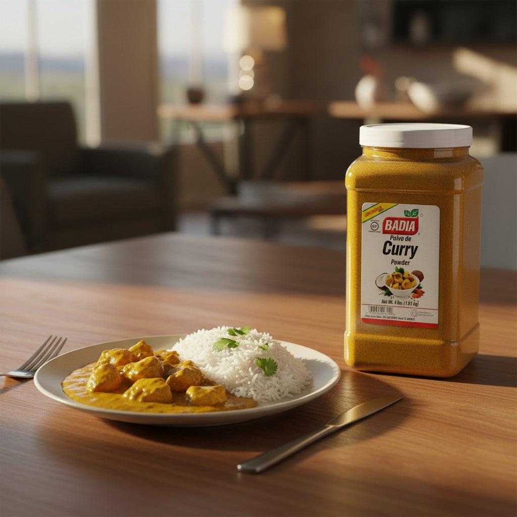 Bodega Badia Curry Powder, 4 lb jar. Deep yellow spice blend with turmeric, coriander, cumin, fenugreek, ginger, and chili.