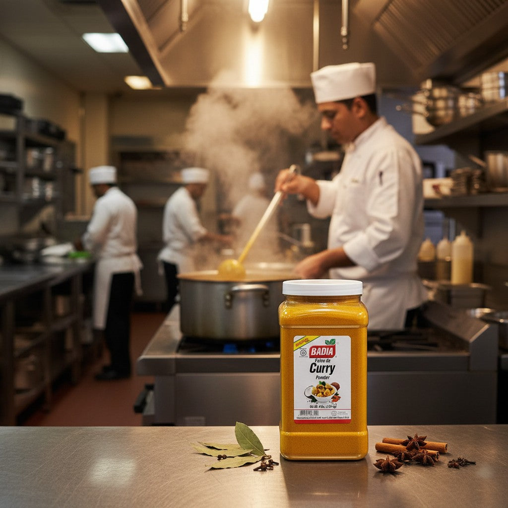 Bodega Badia Curry Powder, 4 lb jar. Deep yellow spice blend with turmeric, coriander, cumin, fenugreek, ginger, and chili.