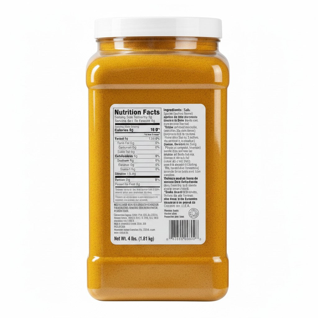 Bodega Badia Curry Powder, 4 lb jar. Yellow spice blend with turmeric, coriander, cumin, fenugreek, ginger, and chili.