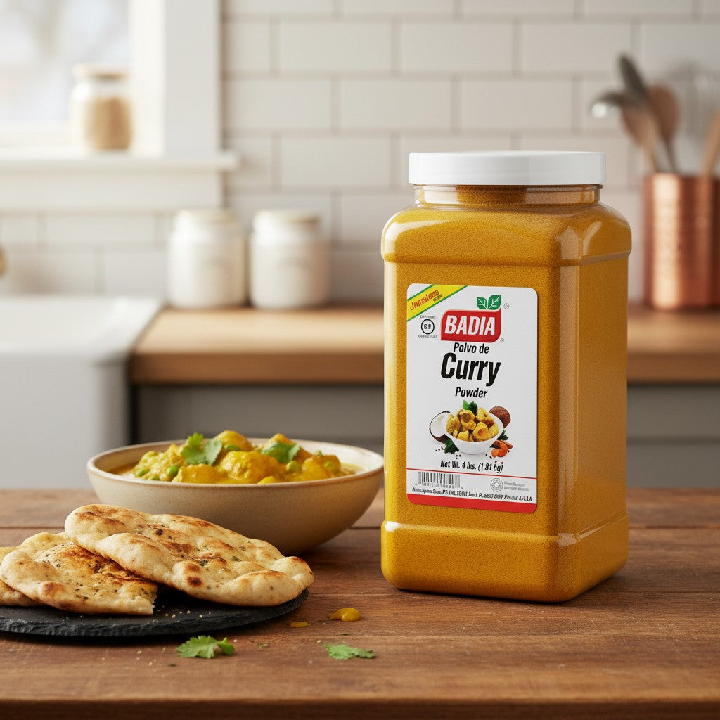 Bodega Badia Curry Powder, 4 lb jar. Yellow spice blend with turmeric, coriander, cumin, fenugreek, ginger, and chili.