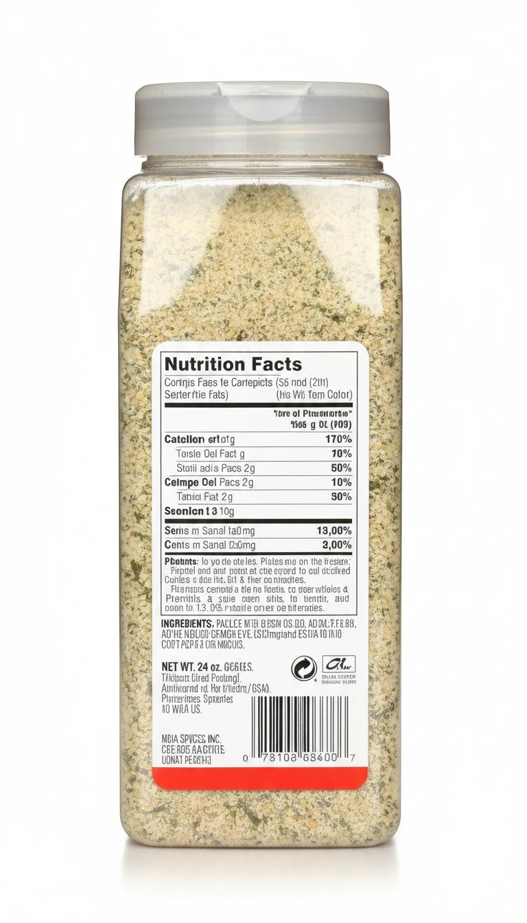 Bodega Badia Garlic and Parsley Blend seasoning in a clear plastic jar. Granulated garlic and dried parsley mix.