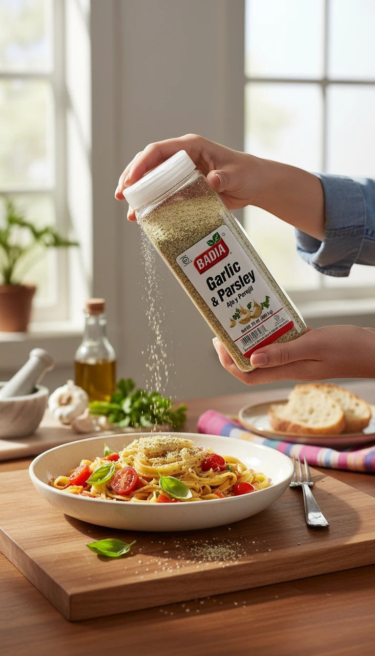 Bodega Badia Garlic & Parsley blend being sprinkled onto a pasta dish with tomatoes and basil.