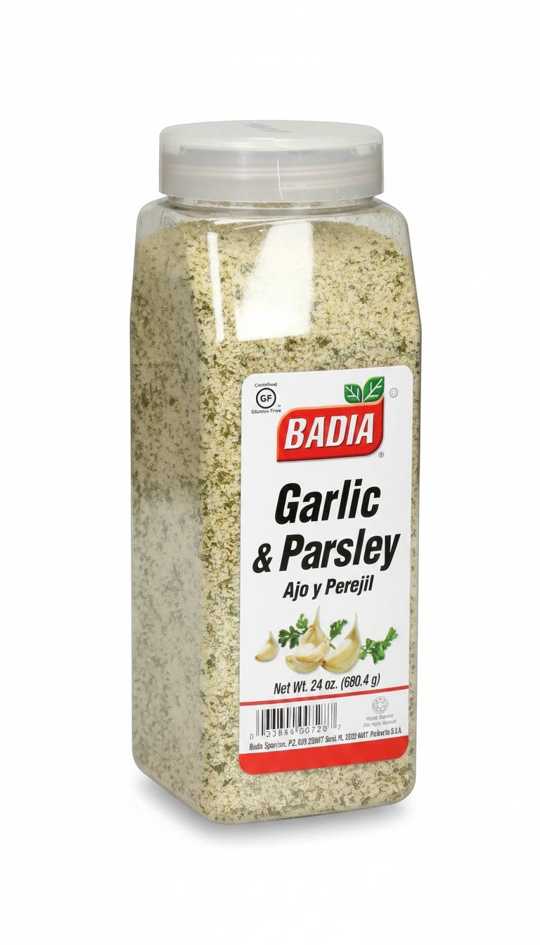 Bodega Badia Garlic & Parsley blend in a clear plastic shaker jar. Granulated garlic and dried parsley mix.