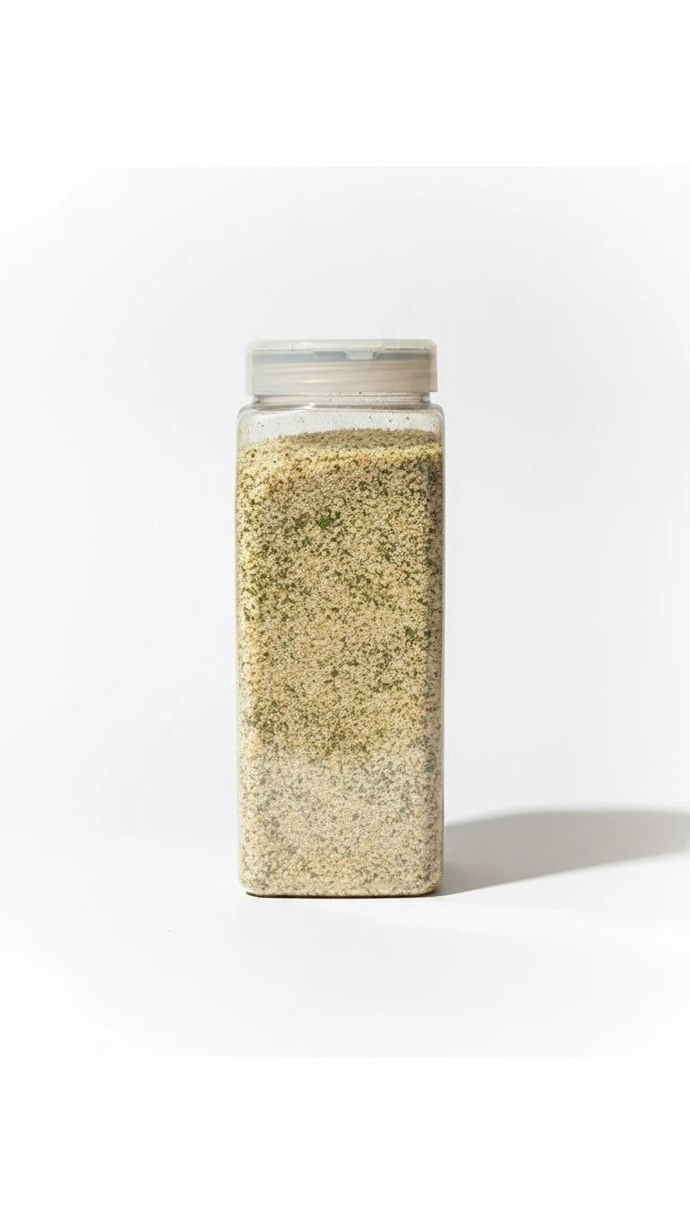 Bodega Badia Garlic and Parsley Blend seasoning in a clear plastic shaker jar. Granulated mix with visible green parsley flakes.