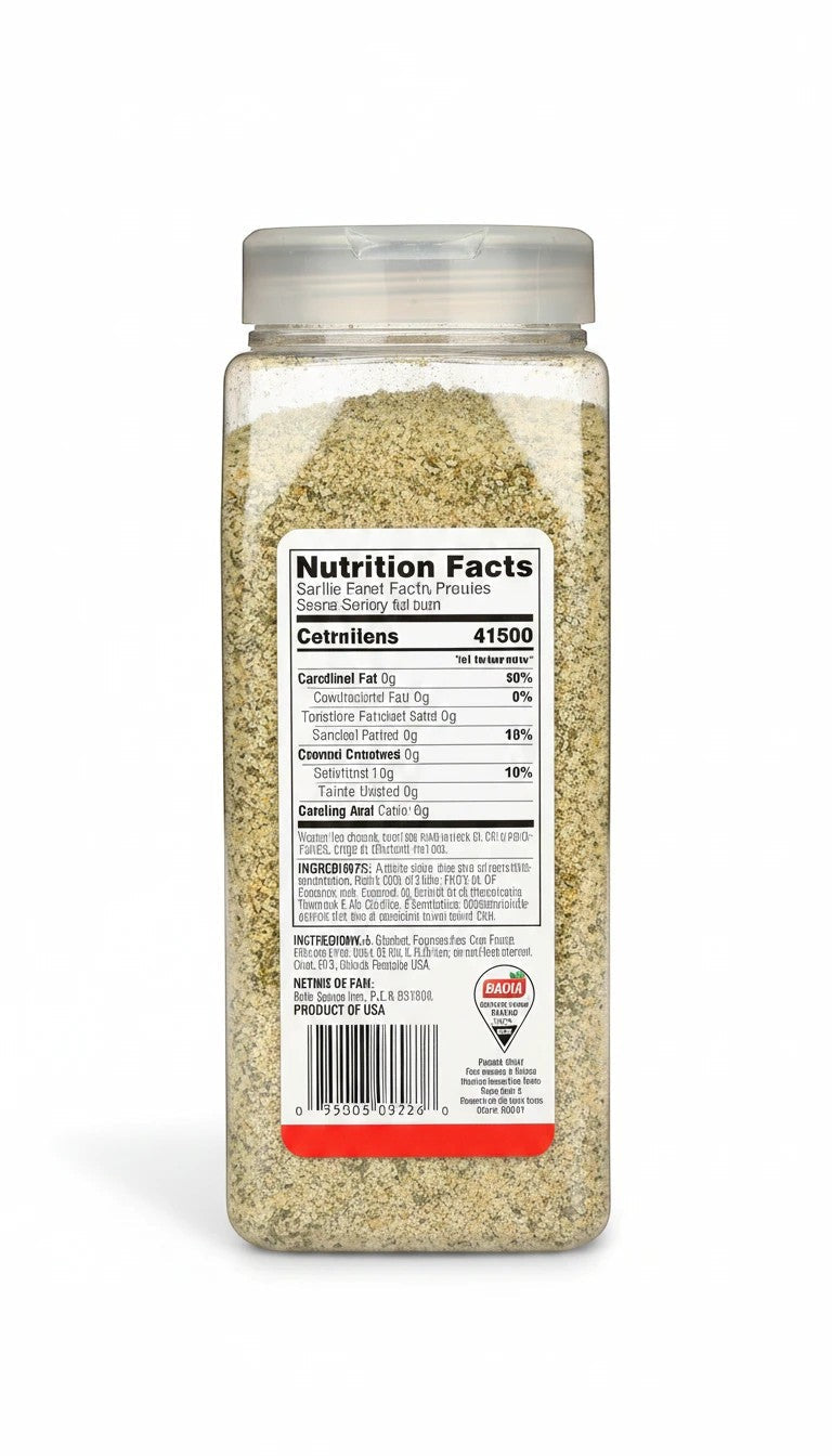Bodega Badia Garlic and Parsley Blend seasoning in a clear plastic jar with a white lid. The label shows nutrition facts and ingredients.
