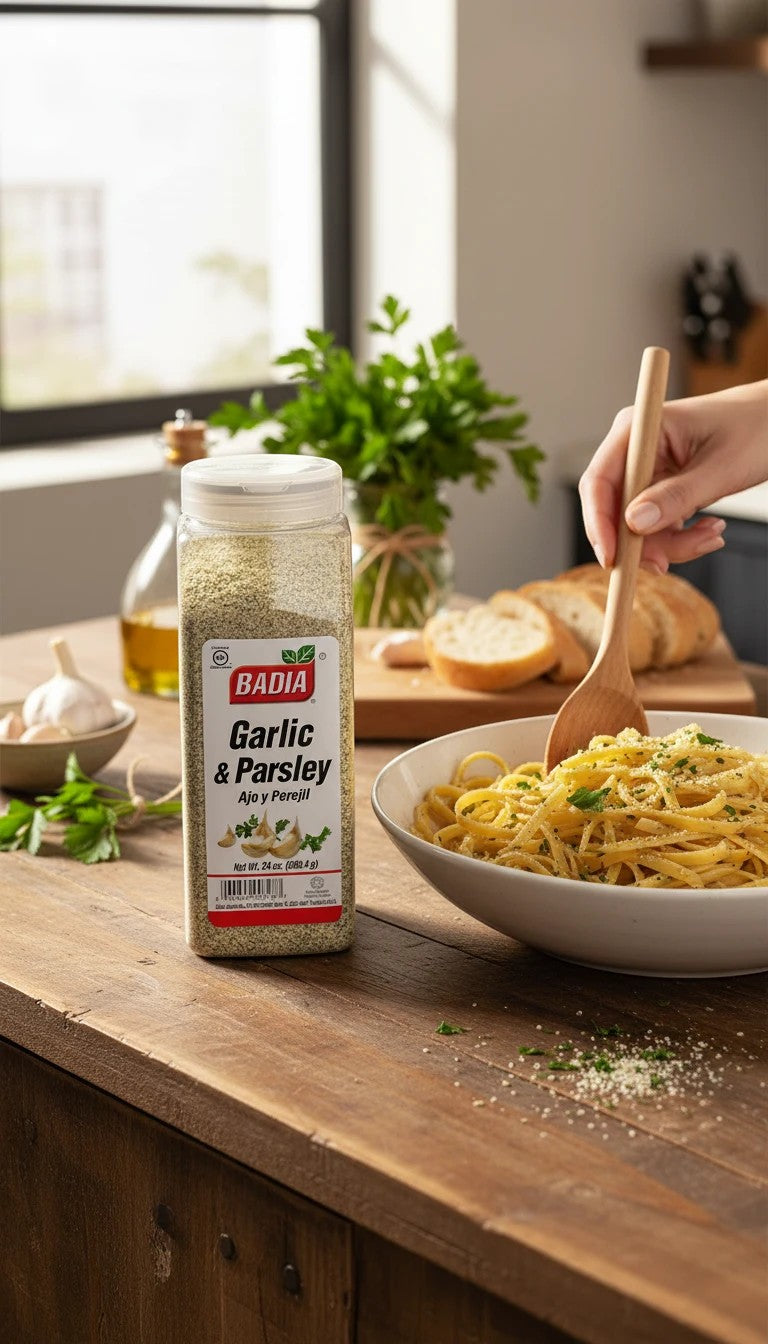 Bodega Badia Garlic and Parsley Blend seasoning in a large plastic jar next to a bowl of pasta.