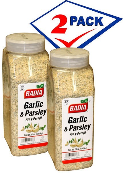 Bodega Badia Garlic & Parsley seasoning blend in two 24 oz. plastic jars, showing visible parsley flakes.