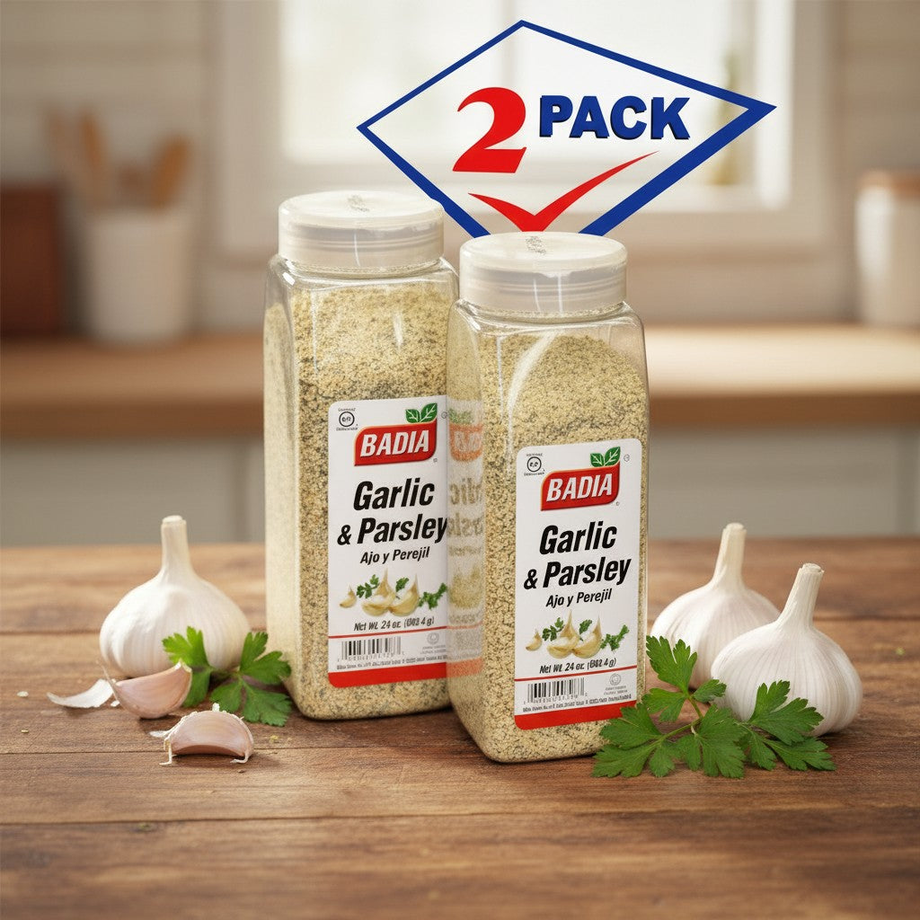Bodega Badia Garlic & Parsley blend seasoning in two 24 oz jars. Granulated garlic and parsley flakes for rubs and finishing.