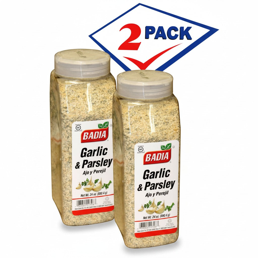 Bodega Badia Garlic & Parsley seasoning blend in two 24 oz. jars, featuring granulated garlic and dried parsley flakes.
