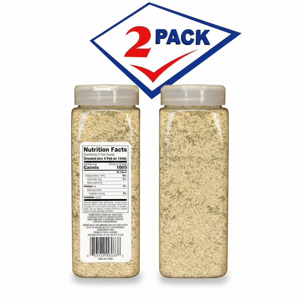 Bodega Badia Garlic & Parsley blend seasoning in two 24 oz. plastic shaker jars. Granulated garlic and parsley flakes.