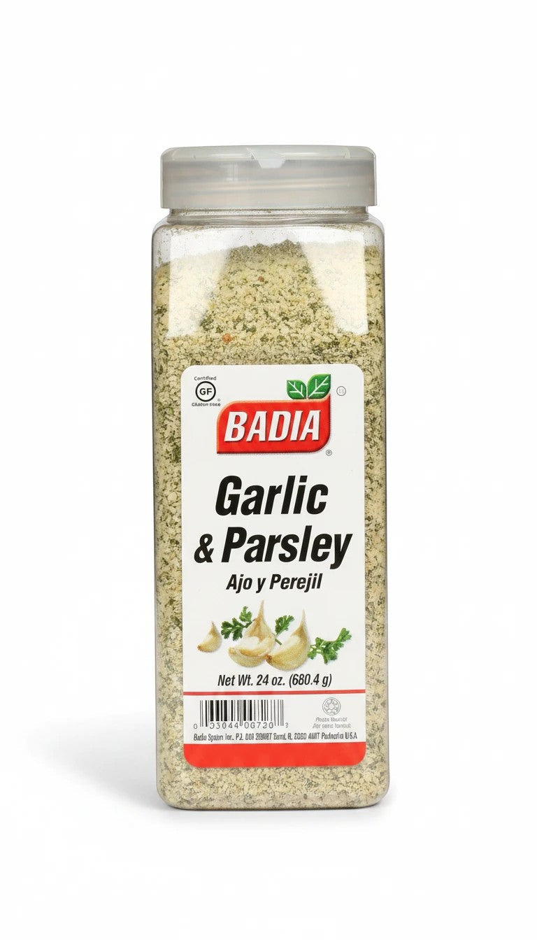 Bodega Badia Garlic & Parsley blend seasoning in a clear plastic shaker bottle with a white flip-top lid.