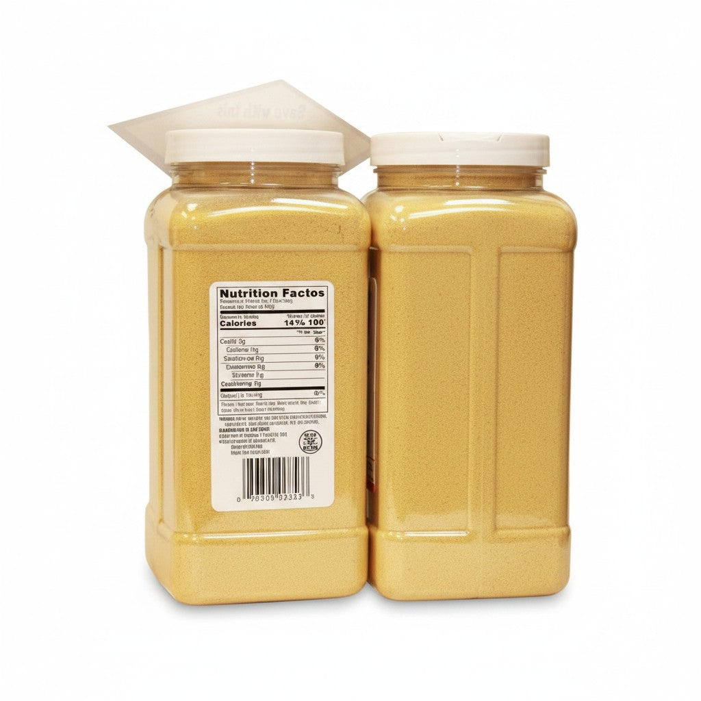 Bodega Badia Garlic Powder spice in two 4 lb clear plastic jugs with white lids. Pure, no salt, no fillers.