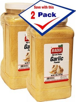Bodega Badia Garlic Powder Spice, 4 lb jugs, 2 pack. Pure, no salt, no fillers. Ideal for rubs, blends, sauces, and marinades.