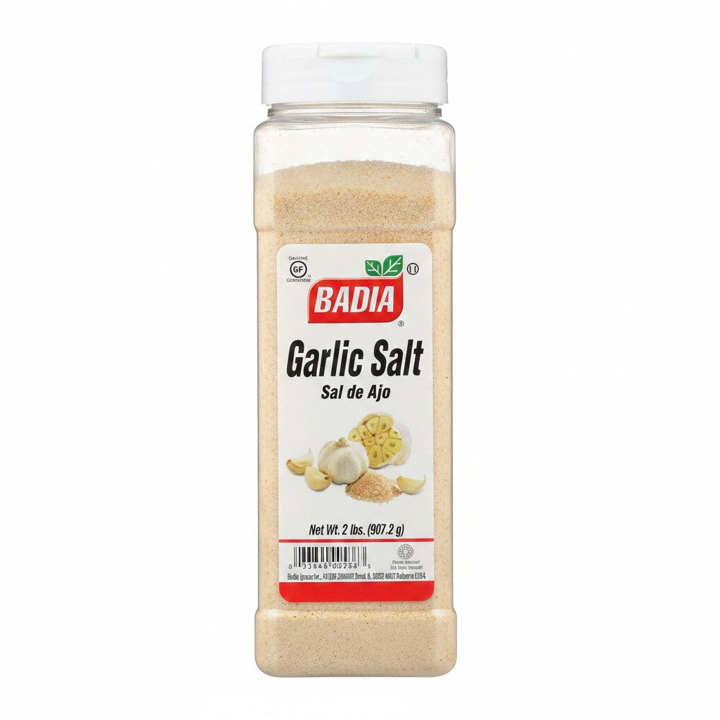 Bodega Badia Garlic Salt, a 2 lb shaker of seasoned salt with granulated garlic. Perfect for cooking and seasoning.