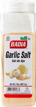 Bodega Badia Garlic Salt, a blend of granulated garlic and salt in a 2 lb clear plastic shaker with a white lid.