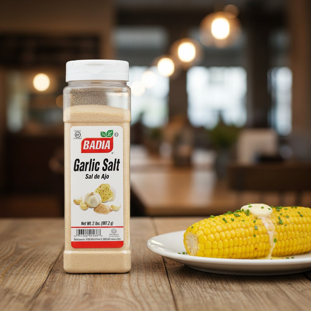 Bodega Badia Garlic Salt, a blend of granulated garlic and salt in a 2 lb clear plastic shaker bottle.