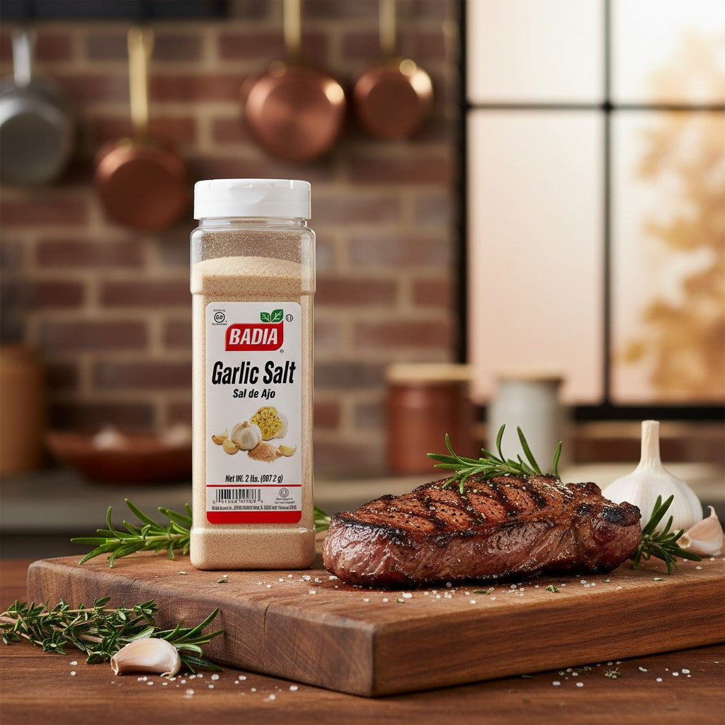 Bodega Badia Garlic Salt, a blend of granulated garlic and salt in a clear plastic shaker bottle, 2 lb.