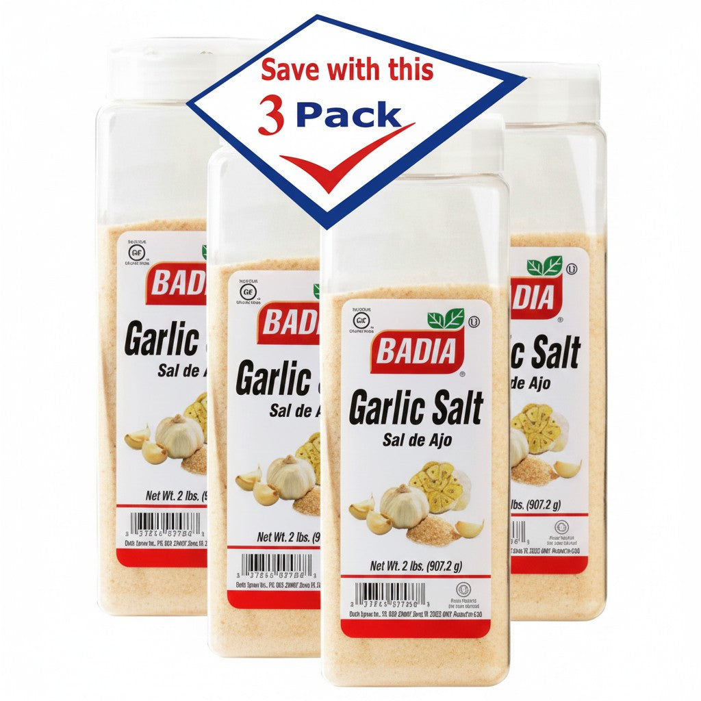 Bodega Badia Garlic Salt, 2 lb bottles, 3 pack. A blend of granulated garlic and salt for cooking.