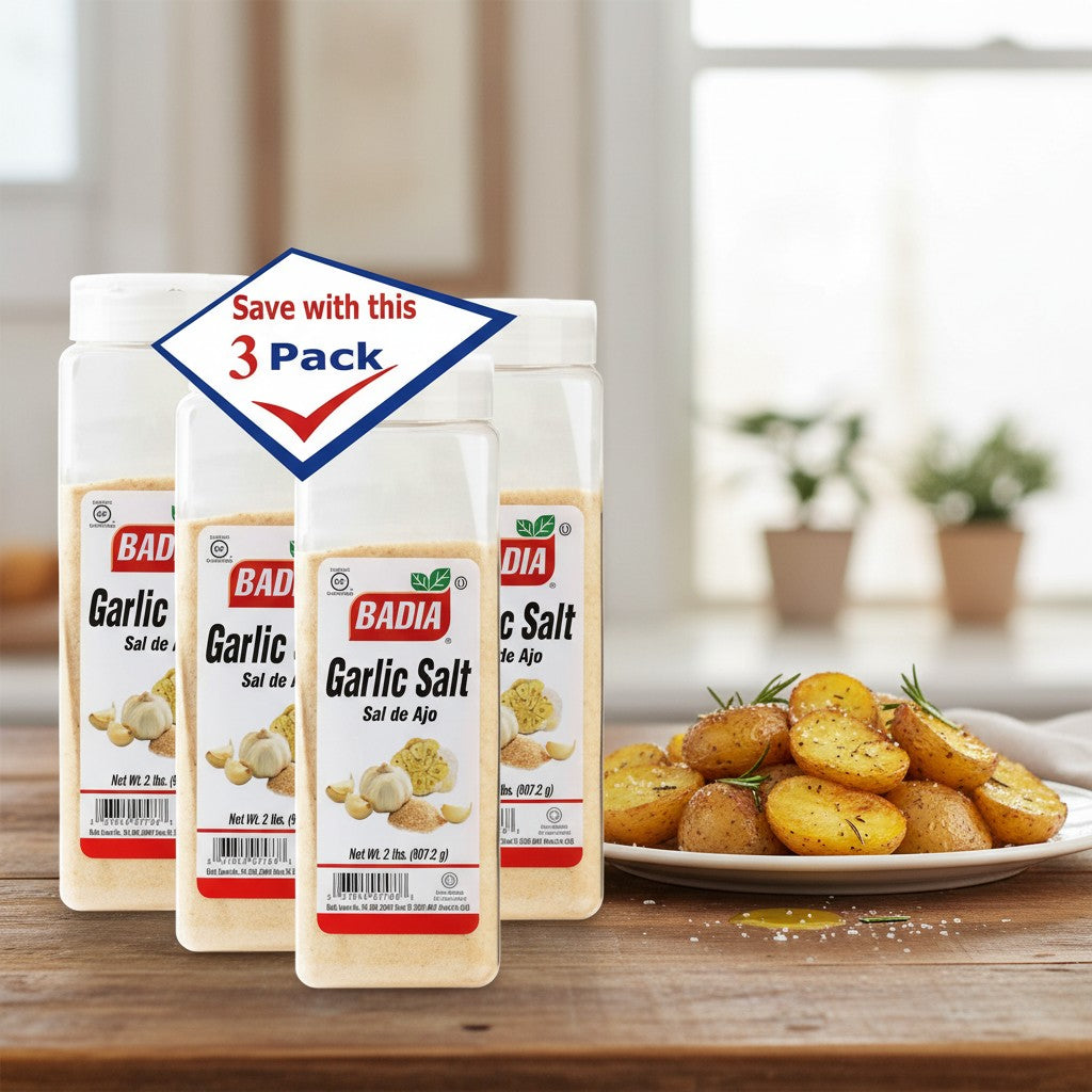 Bodega Badia Garlic Salt, 3 pack of 2 lb shakers. Granulated garlic and salt blend for cooking.