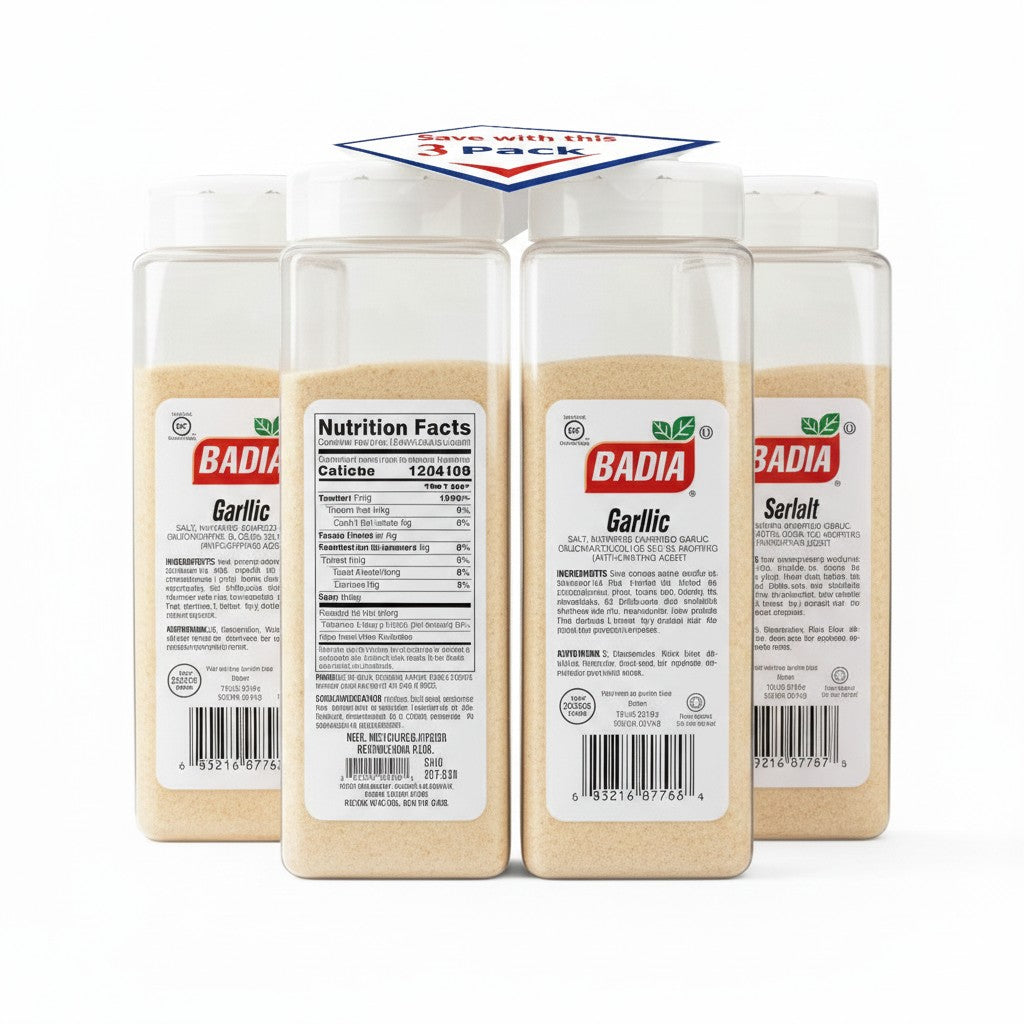 Bodega Badia Garlic Salt 3-pack, 2 lb jars of granulated garlic and salt seasoning blend.