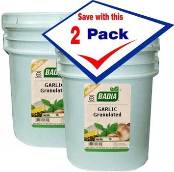 Bodega Badia Granulated Garlic Spice, 2 x 30 lb containers, total 60 lb. Dehydrated, free-flowing garlic for commercial use.