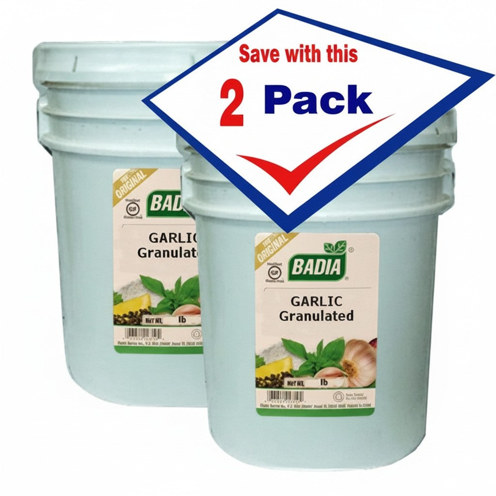 Bodega Badia Granulated Garlic Spice, 2 x 30 lb containers, 60 lb total, free-flowing texture for large-scale food production.