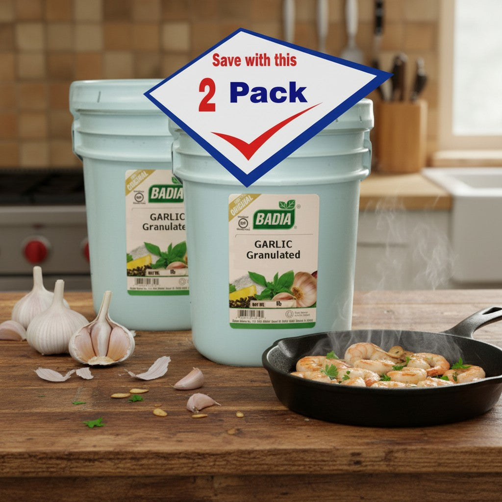 Bodega Badia Granulated Garlic Spice, 2 x 30 lb containers. Dehydrated, milled garlic for large-scale food production.