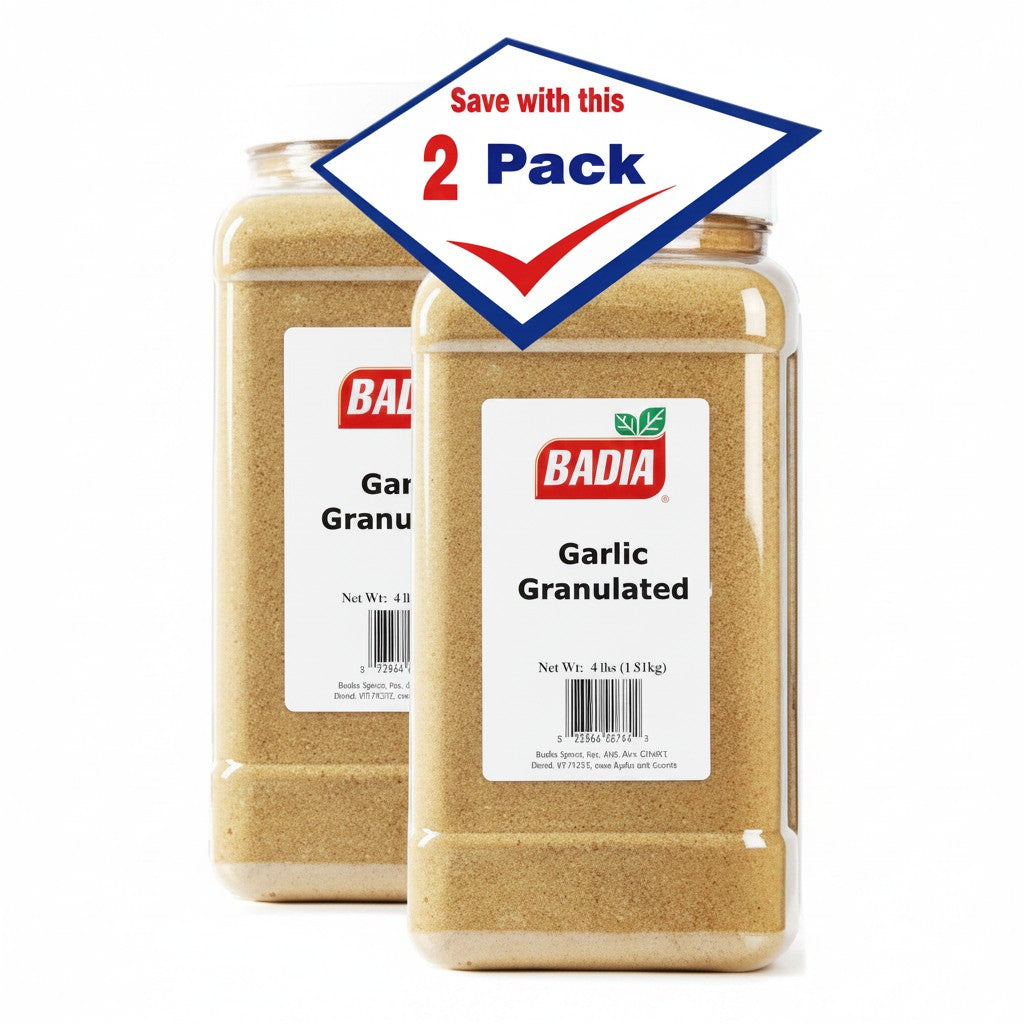 Bodega Badia Granulated Garlic Spice, 2-pack of 5.5 lb containers. Dehydrated garlic granules for versatile kitchen use.