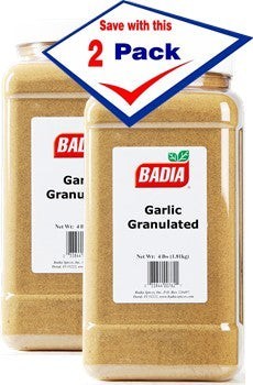 Bodega Badia Granulated Garlic Spice, 2-pack of 5.5 lb containers. Dehydrated garlic granules for even dispersion.