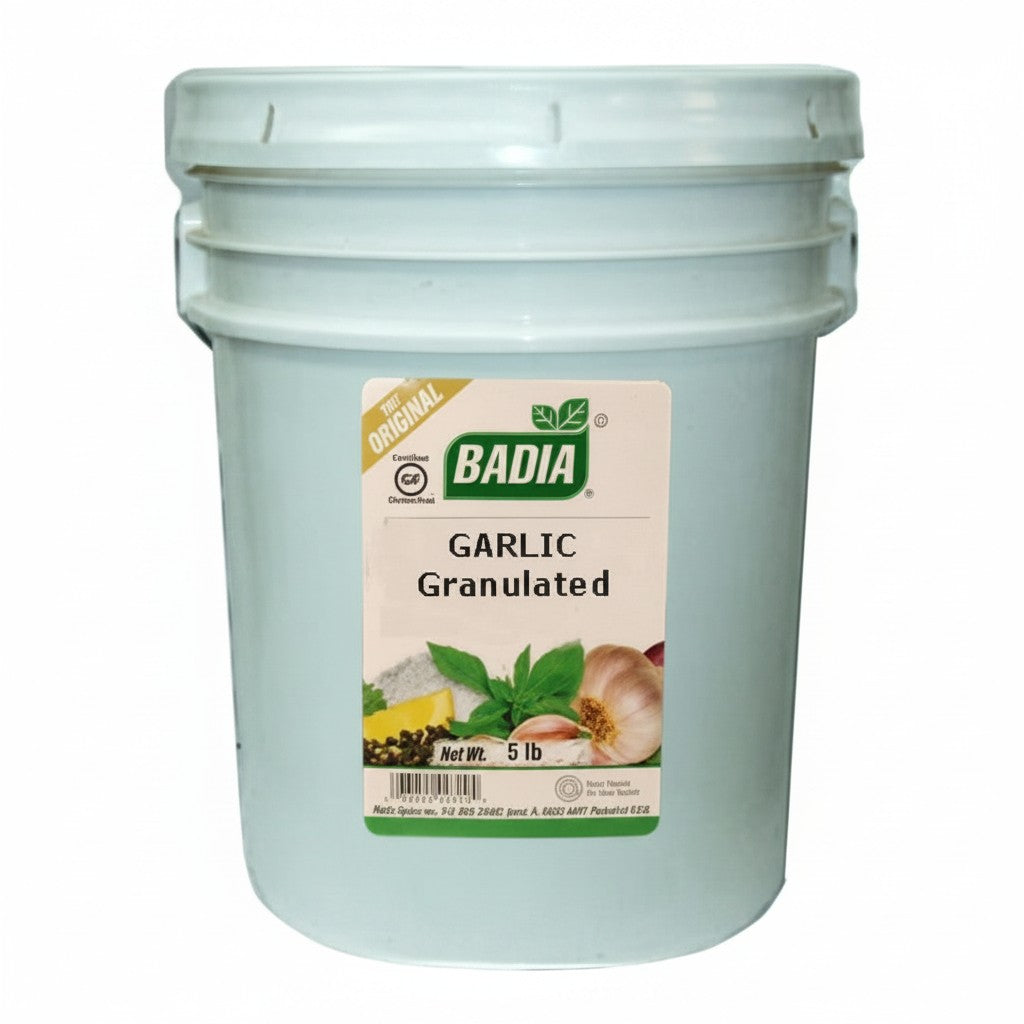 Bodega Badia Granulated Garlic Spice in a 30 lb white plastic bucket with a label showing garlic and herbs.