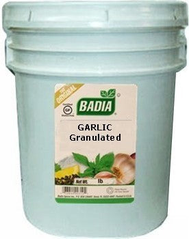 Bodega Badia Granulated Garlic Spice in a large 30 lb white plastic tub with a label showing garlic and herbs.