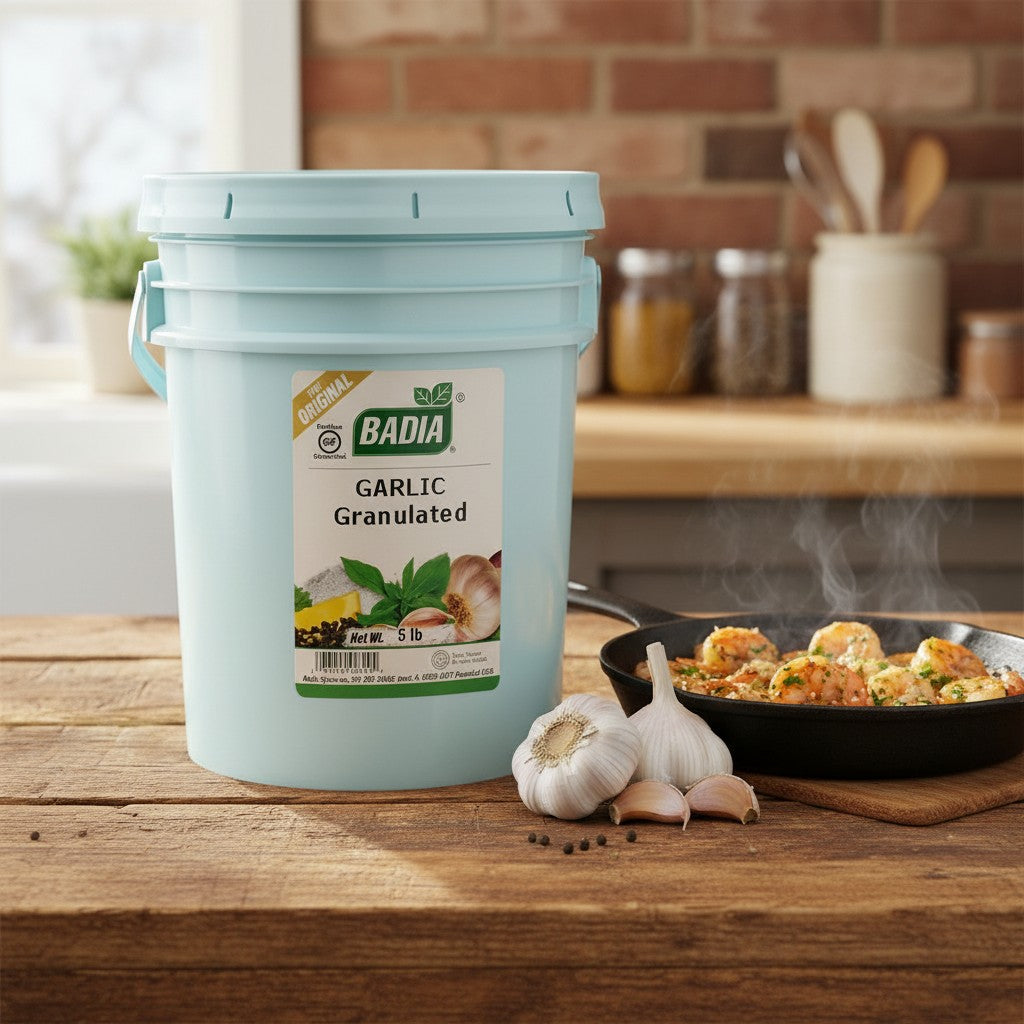 Bodega Badia Granulated Garlic Spice, 5 lb container with label showing garlic, herbs, peppercorns, and salt.