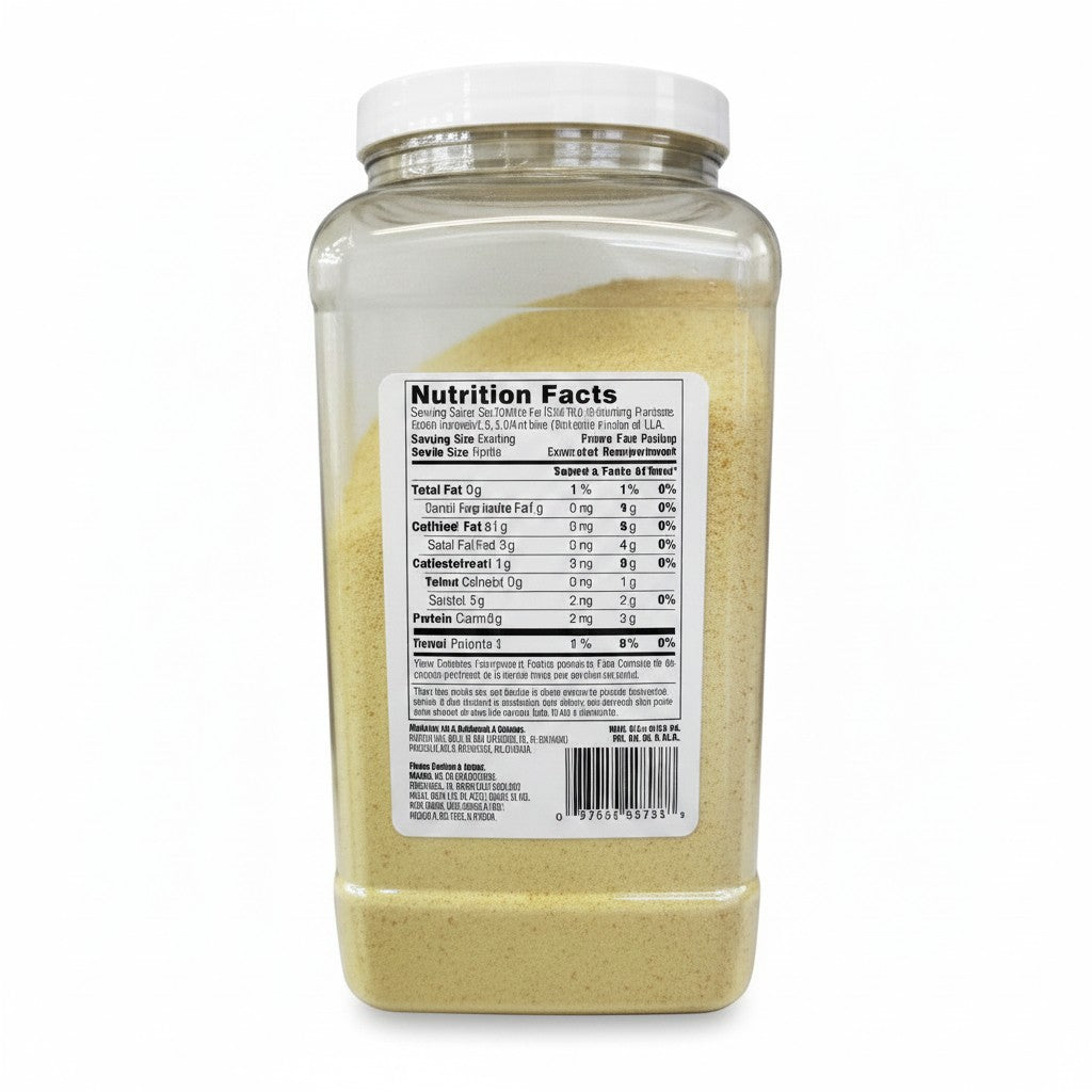 Bodega Badia granulated onion powder in a clear plastic jug, 4 lb size. Features images of fresh onions.