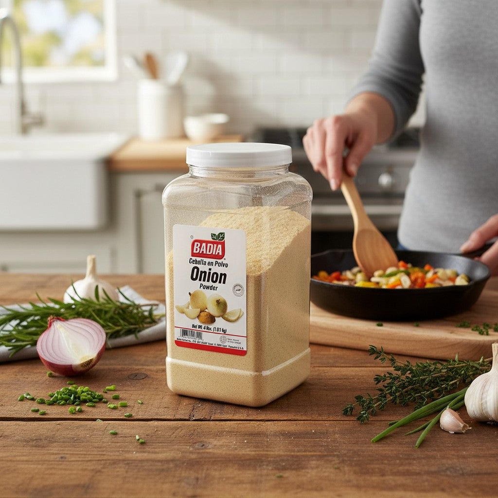 Bodega Badia granulated onion powder in a clear plastic jug, 4 lb size. Features images of fresh onions.