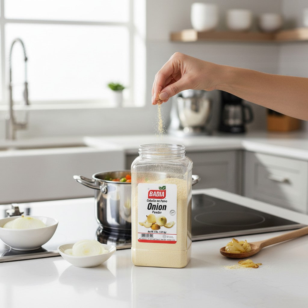 Bodega Badia granulated onion powder in a clear plastic jug, 4 lb size. Features images of fresh onions.
