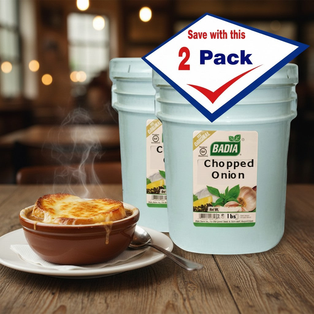 Bodega Badia 20 lb 2-pack of granulated onion spice in light blue tubs. Ideal for rubs, marinades, and sauces.