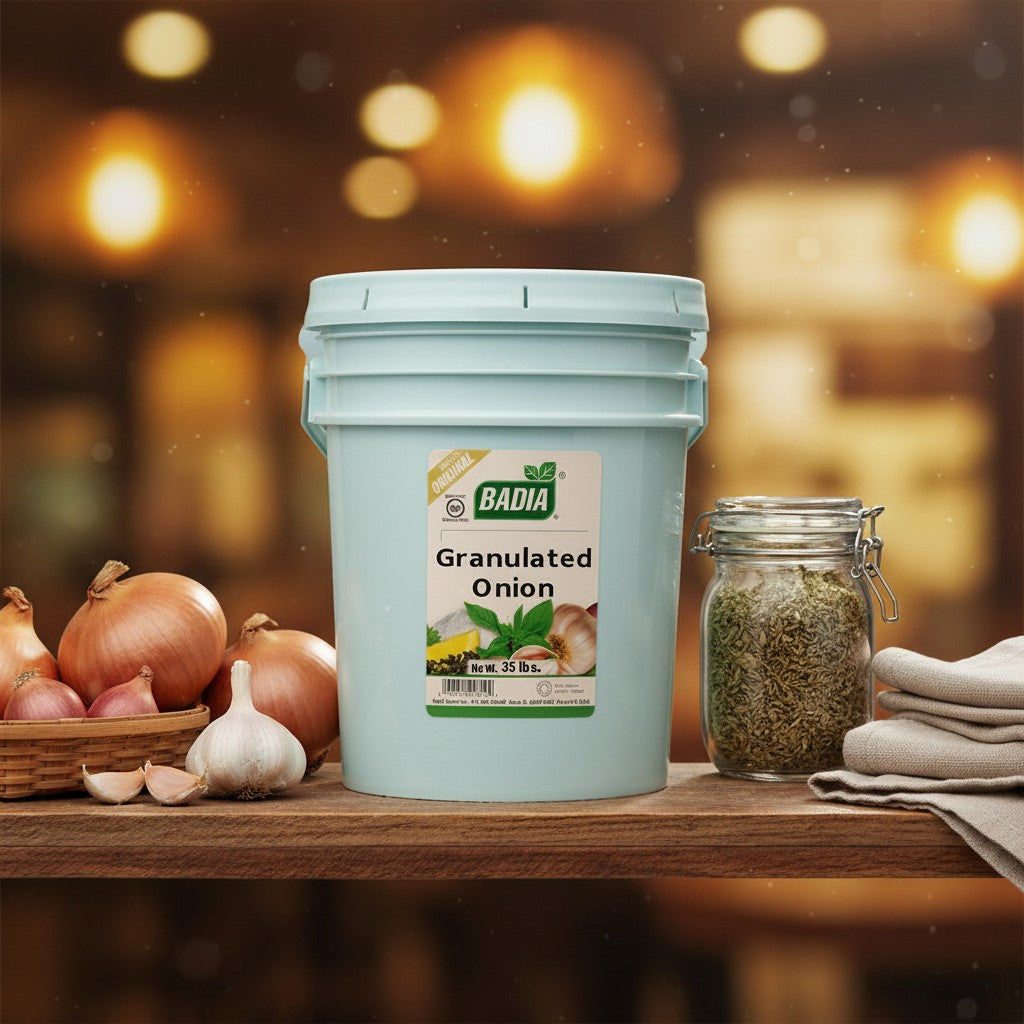 Bodega Badia Granulated Onion Spice, 20 lb pail. Gluten-free seasoning for rubs, brines, and blends.