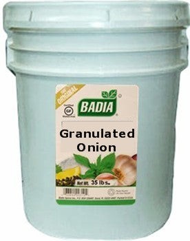 Bodega Badia Granulated Onion Spice, 20 lb foodservice pail. Uniform, free-flowing granulated cut for rubs, brines, and seasoning blends.