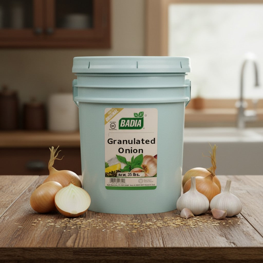 Bodega Badia Granulated Onion Spice, 20 lb pail. Gluten-free seasoning for rubs, brines, and blends.